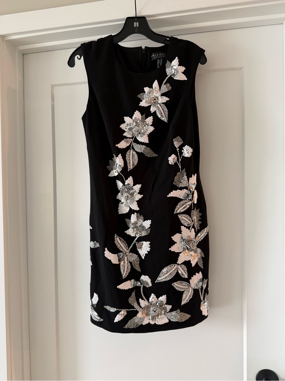 Adrianna Papell Black/Ivory Crepe Short Dress with Silver Floral Sequin